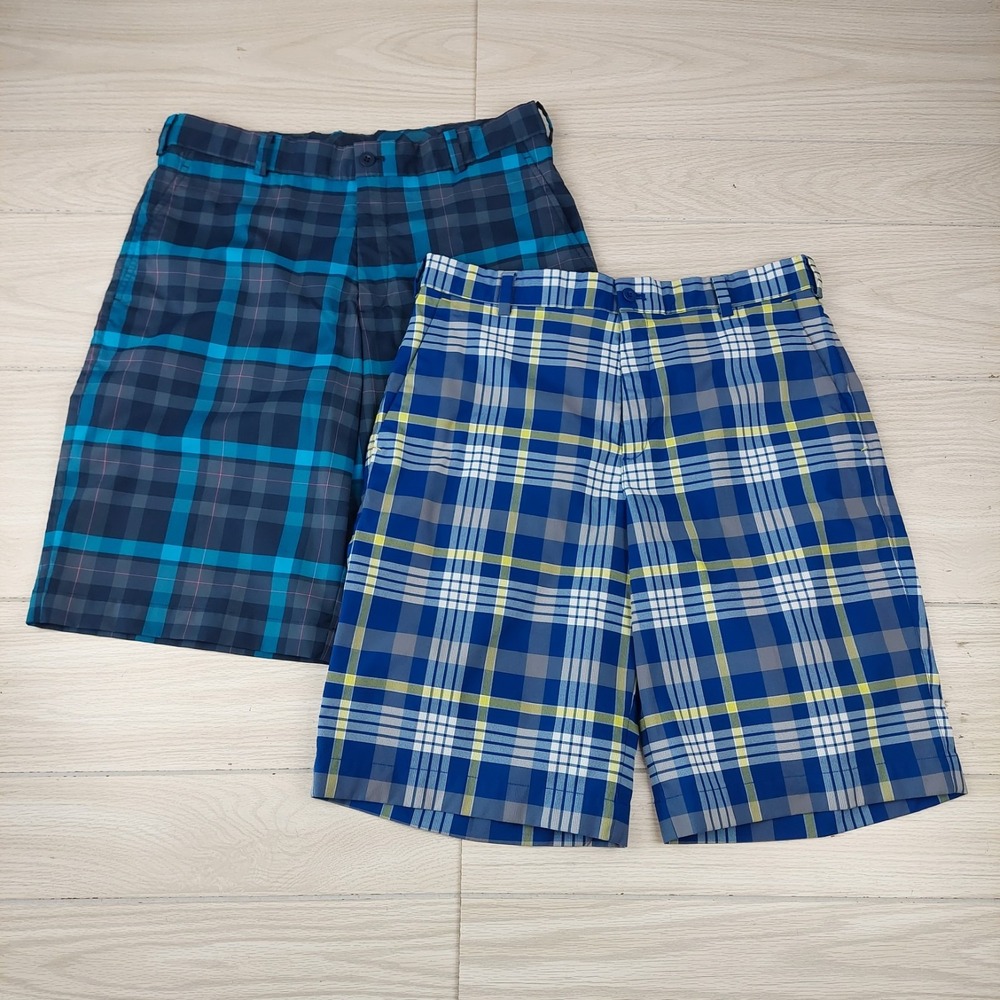 Lot of 2 Nike Golf Shorts Mens 32‎ Dri-Fit Performance Chino Blue Plaid Preppy